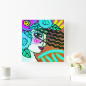Vrouw met bloemen Abstracte kunst Vierkante Klok (Huis)
