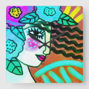 Vrouw met bloemen Abstracte kunst Vierkante Klok