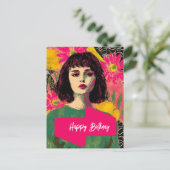 Vrouw Met Bloemen Gefeliciteerd Briefkaart (Staand voorkant)