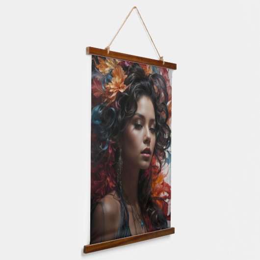 Vrouw met bloemen hangend wandkleed (Gebogen)