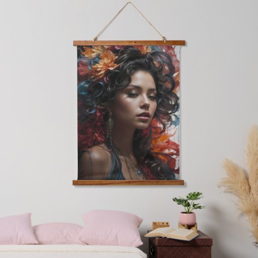 Vrouw met bloemen hangend wandkleed (Slaapkamer)