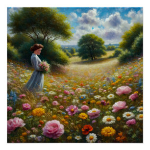 Vrouw met bloemen in een weide perfect poster