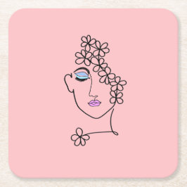 Vrouw met Bloemen Lijn Art Roze Kartonnen Onderzetters