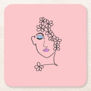 Vrouw met Bloemen Lijn Art Roze Kartonnen Onderzetters