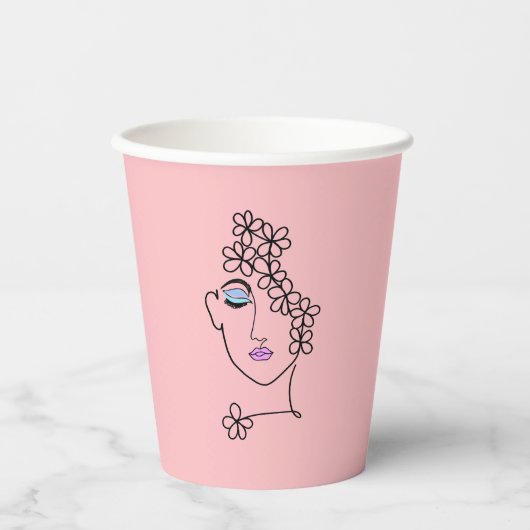 Vrouw met Bloemen Lijn Art Roze Papieren Bekers (Voorkant)
