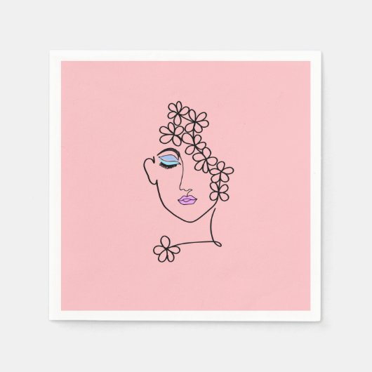 Vrouw met Bloemen Lijn Art Roze Servet (Voorkant)