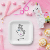 Vrouw met Bloemen Line Art Papieren Bordje (Feest)