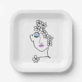Vrouw met Bloemen Line Art Papieren Bordje (Voorkant)