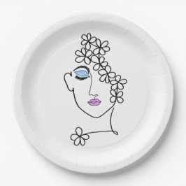 Vrouw met Bloemen Line Art Papieren Bordje