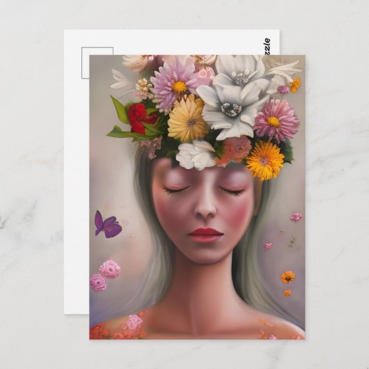 Vrouw met bloemen op haar hoofd briefkaart (Voorkant / Achterkant)