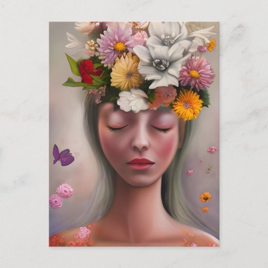 Vrouw met bloemen op haar hoofd briefkaart (Voorkant)