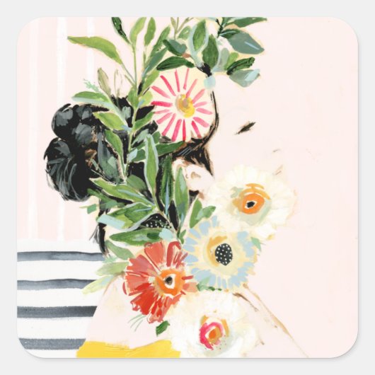 Vrouw met bloemen vierkante sticker (Voorkant)