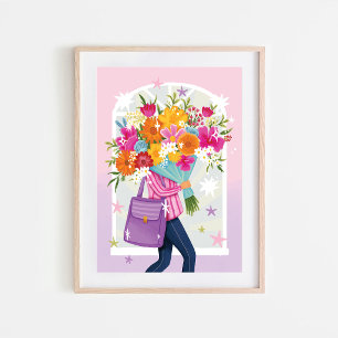 Vrouw met bloemenboeket Kleurrijke Illustratie  Poster