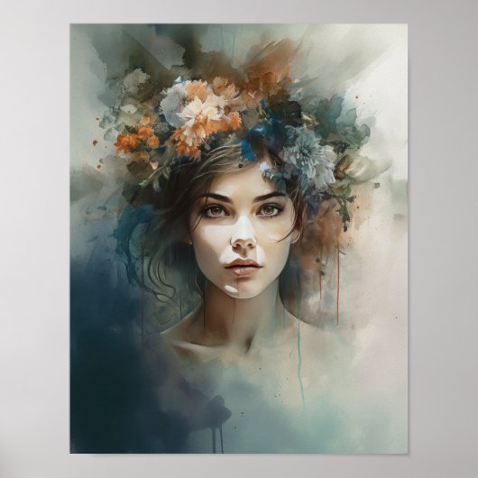 Vrouw met bloemenhoofd Art Print Poster (Voorkant)