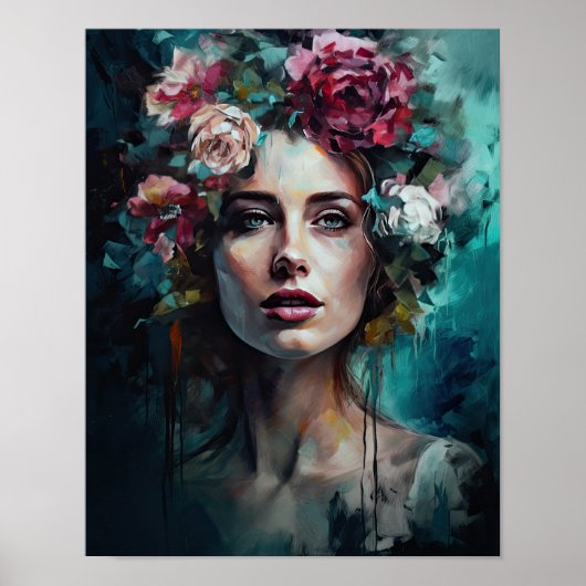 Vrouw met bloemenhoofd Art Print Poster (Voorkant)