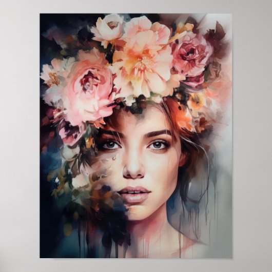Vrouw met bloemenhoofd Art Print Poster (Voorkant)