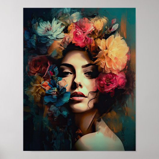 Vrouw met bloemenhoofd Art Print Poster (Voorkant)