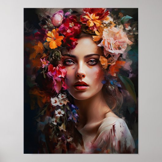 Vrouw met bloemenhoofd Art Print Poster (Voorkant)