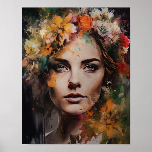 Vrouw met bloemenhoofd Art Print Poster (Voorkant)