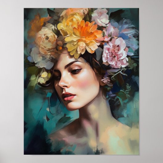 Vrouw met bloemenhoofd Art Print Poster (Voorkant)