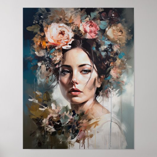 Vrouw met bloemenhoofd Art Print Poster (Voorkant)