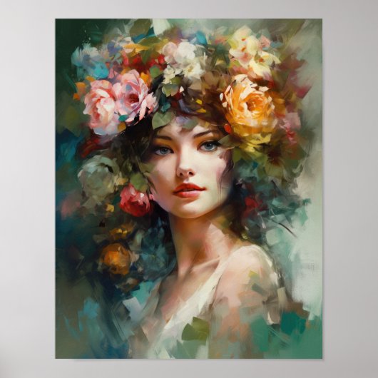 Vrouw met bloemenhoofd Art Print Poster (Voorkant)
