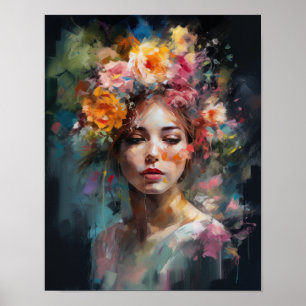 Vrouw met bloemenhoofd Art Print Poster