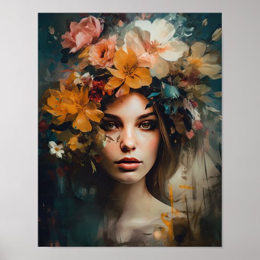 Vrouw met bloemenhoofd Art Print Poster (Voorkant)