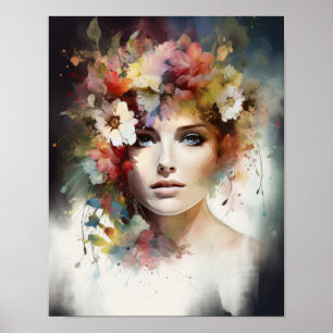 Vrouw met bloemenhoofd Art Print Poster