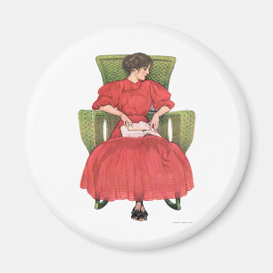 Vrouw met boek, groene stoel magneet