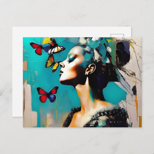 Vrouw met Briefkaart Butterflies (Voorkant / Achterkant)