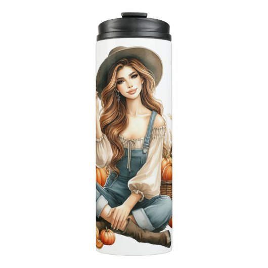  VROUW MET BRUIN HAAR & HERFST POMPOENEN THERMOSBEKER (Voorkant)