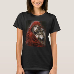 Vrouw met capuchon in rode en grijze wolf fantasy t-shirt