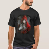 Vrouw met capuchon in rode en grijze wolf fantasy  t-shirt (Voorkant)