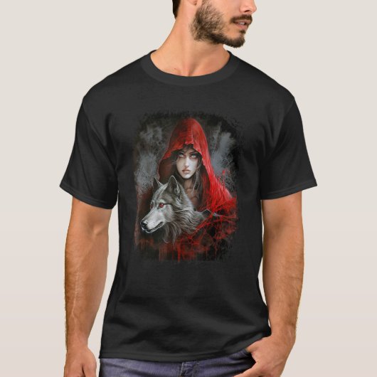 Vrouw met capuchon in rode en grijze wolf fantasy t-shirt (Voorkant)