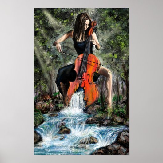 Vrouw met Cello In De Natuur Poster - Schilderij (Voorkant)