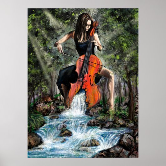 Vrouw met cello In Natuur Poster - Schilderen (Voorkant)