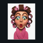 Vrouw met curlers briefkaart<br><div class="desc">Kleding van een vrouw die een krullende draagt gemaakt van polymeerklei die in een oven wordt gebakken en met acryl is geschilderd. Het eindproduct wordt gefotografeerd en digitaal verbeterd.</div>