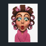 Vrouw met curlers briefkaart<br><div class="desc">Kleding van een vrouw die een krullende draagt gemaakt van polymeerklei die in een oven wordt gebakken en met acryl is geschilderd. Het eindproduct wordt gefotografeerd en digitaal verbeterd.</div>