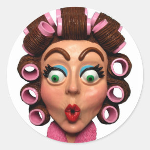 Vrouw met curlers ronde sticker