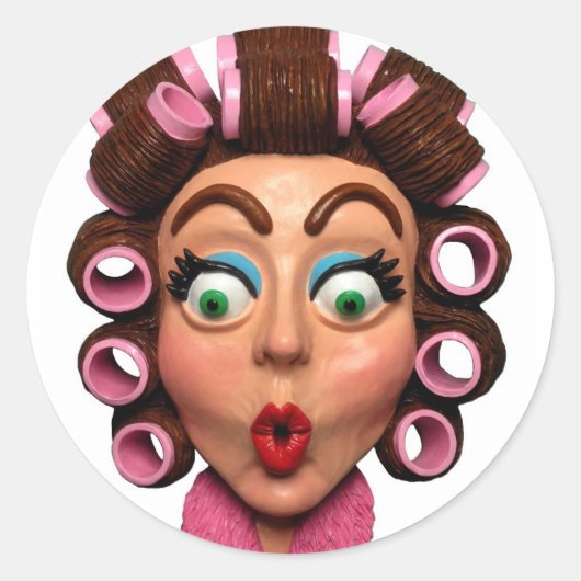 Vrouw met curlers ronde sticker (Voorkant)