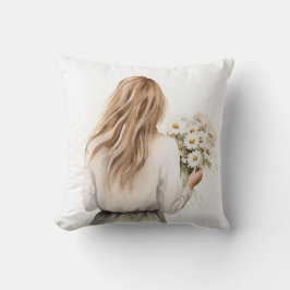 Vrouw met Daisy boeket Kussen