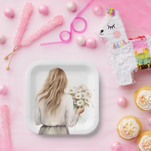 Vrouw met Daisy boeket Papieren Bordje (Feest)