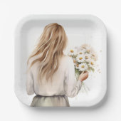 Vrouw met Daisy boeket Papieren Bordje (Voorkant)