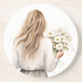 Vrouw met Daisy boeket Zandsteen Onderzetter