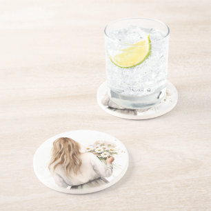 Vrouw met Daisy boeket Zandsteen Onderzetter