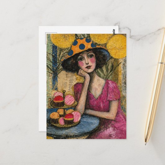 Vrouw Met Dessertcollage Briefkaart (Voorkant / Achterkant in situ)