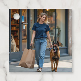 Vrouw met donkerblauw T-shirt met ronde hals Bedankjes Labels