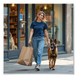 Vrouw met donkerblauw T-shirt met ronde hals Foto Afdruk