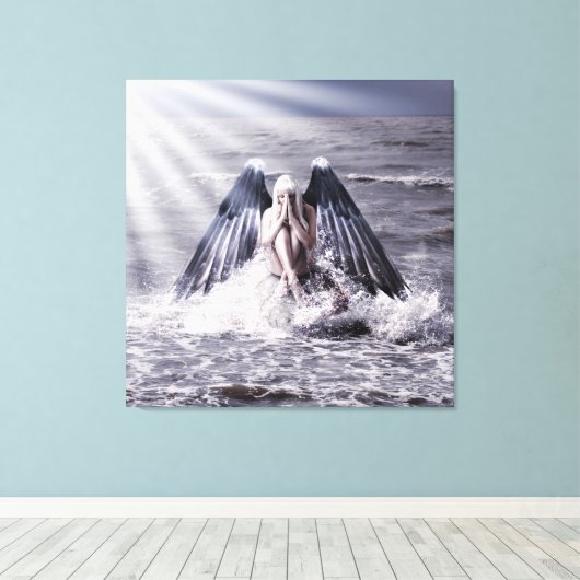 Vrouw met donkere engelenvleugels canvas afdruk (Insitu (Houten vloer))
